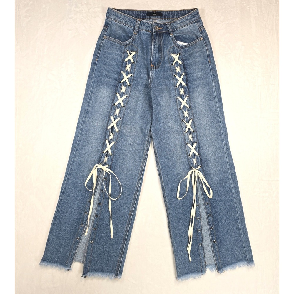 Missguided Lace Up Front Wide Leg Jeans Medium Wash Blue Frayed Hem Size 2 6R